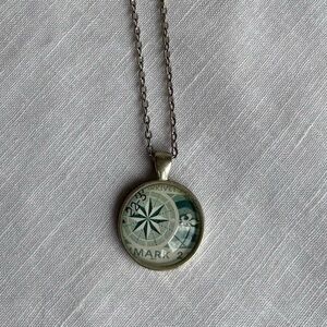 Silver Tone Chain Necklace With Round Vintage Stamp Pendant